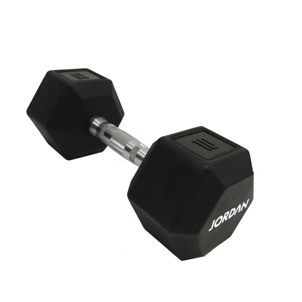 Side front view of the dumbbell in black and white company name on end of the dumbbell