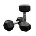 hex rubber dumbbell set, one standing and one laying