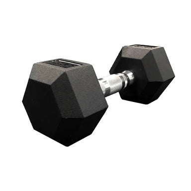 a single hex rubber black dumbbell laying down