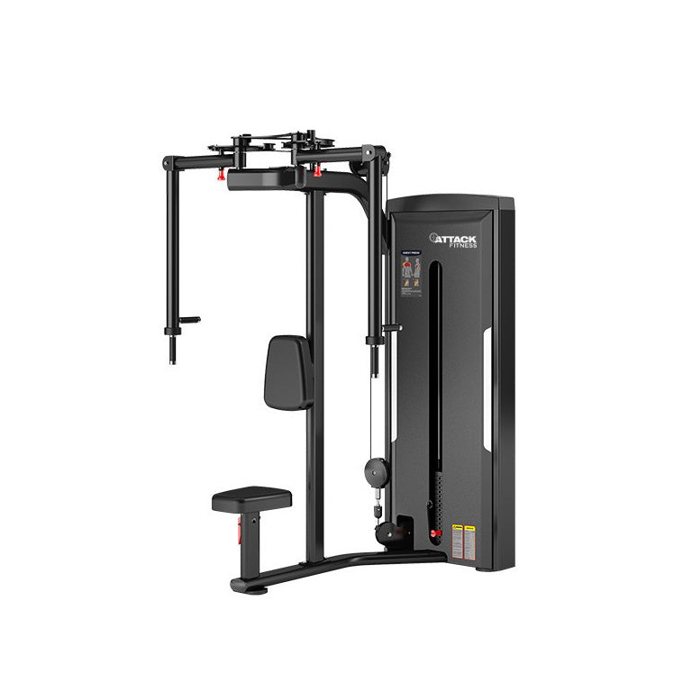 Attack fitness pec fly dual gym machine in black with clear workout instructions