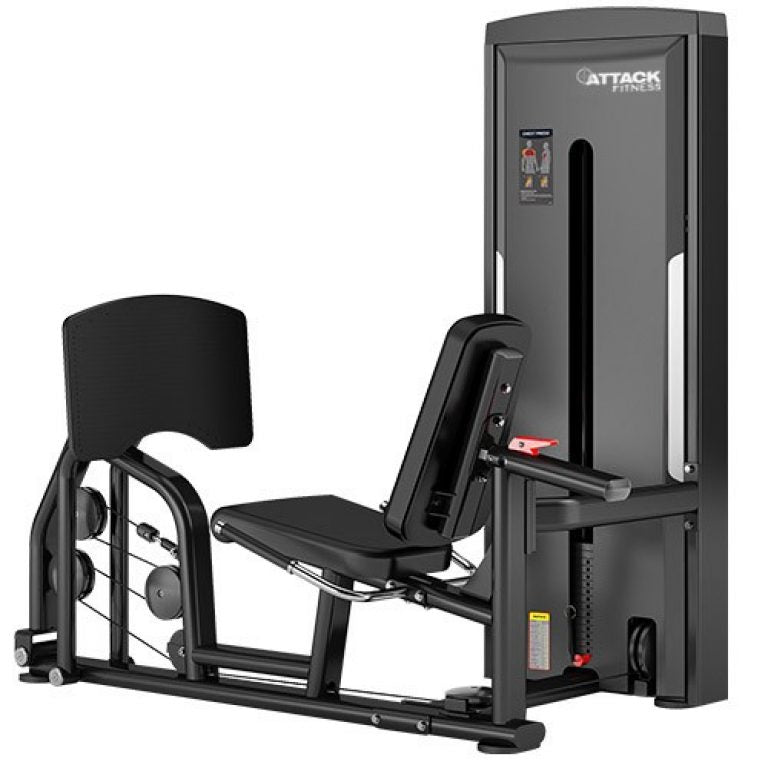 Attack fitness seated leg press with adjustable weights in black and clear workout instructions,