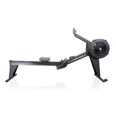 concept 2 RowErg tall fully assembled, black with white strips, a piece of art in your home or commercial setting