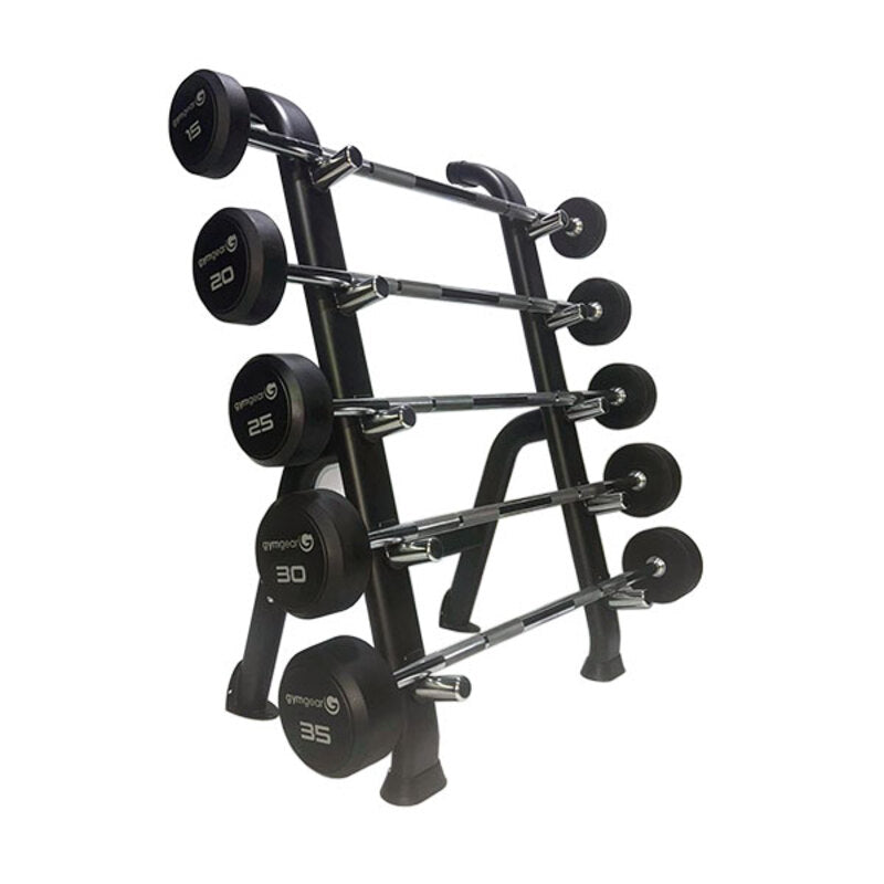 Gym Gear barbell rack with barbells on 