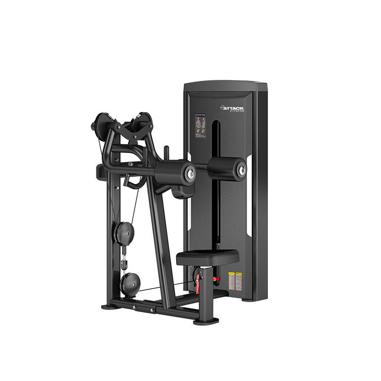 Attack fitness lateral muscle raise machine in black with adjustable weights and clear workout instructions