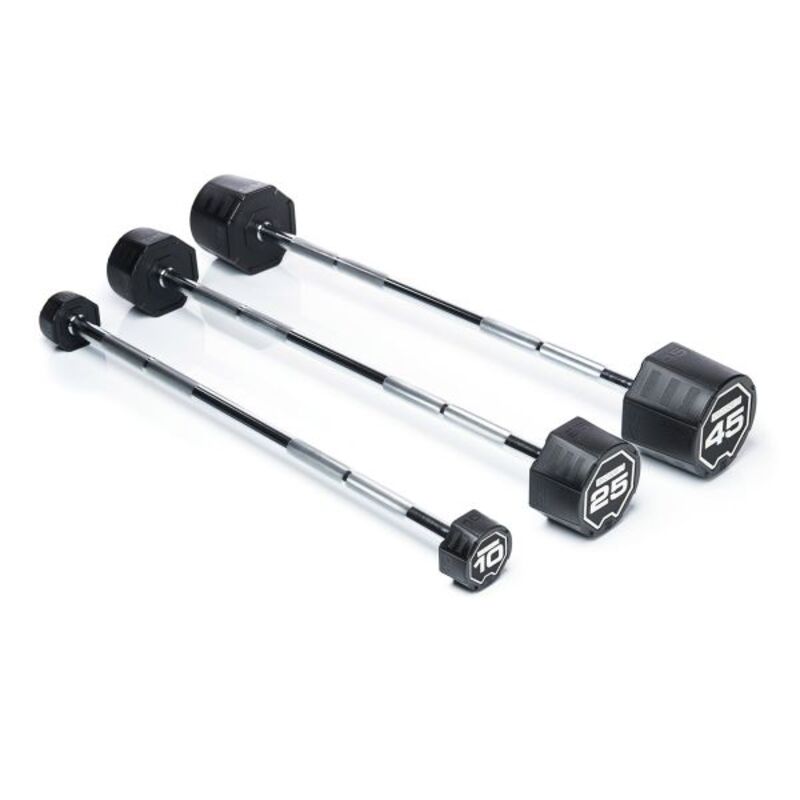 escape fitness 25-45kg urethane barbell set with rack, anti roll features