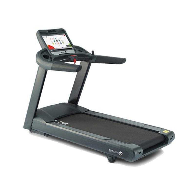 this is a full view of the T98e treadmill, with a slick black smooth belt, easy to use handrails, a screen and even wheels